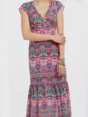 Vanessa Virginia V-Neck Mural Mermaid Midi Dress in Pink Multi Floral Print, S:2